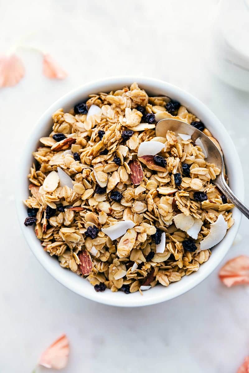 Up close overhead shot of a bowl of granola