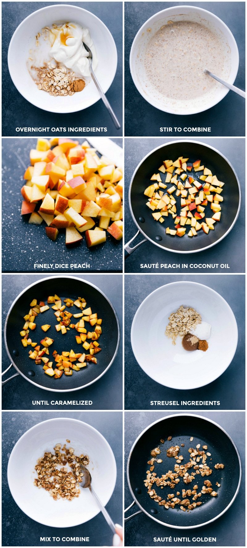 Mixing all the ingredients for the breakfast, caramelizing fresh peaches, and preparing the streusel.