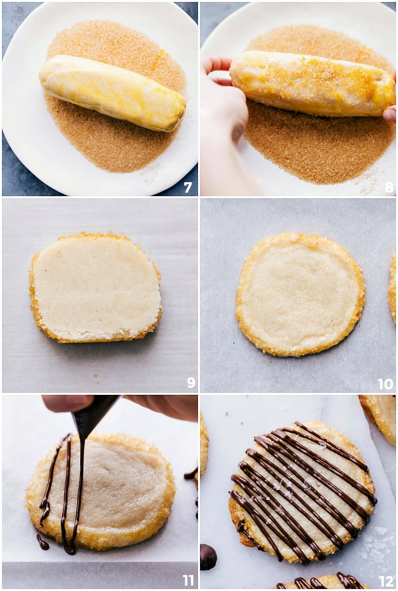 Process shots: rolling the cookie dough cylinder in sugar, baking and then drizzling with chocolate.