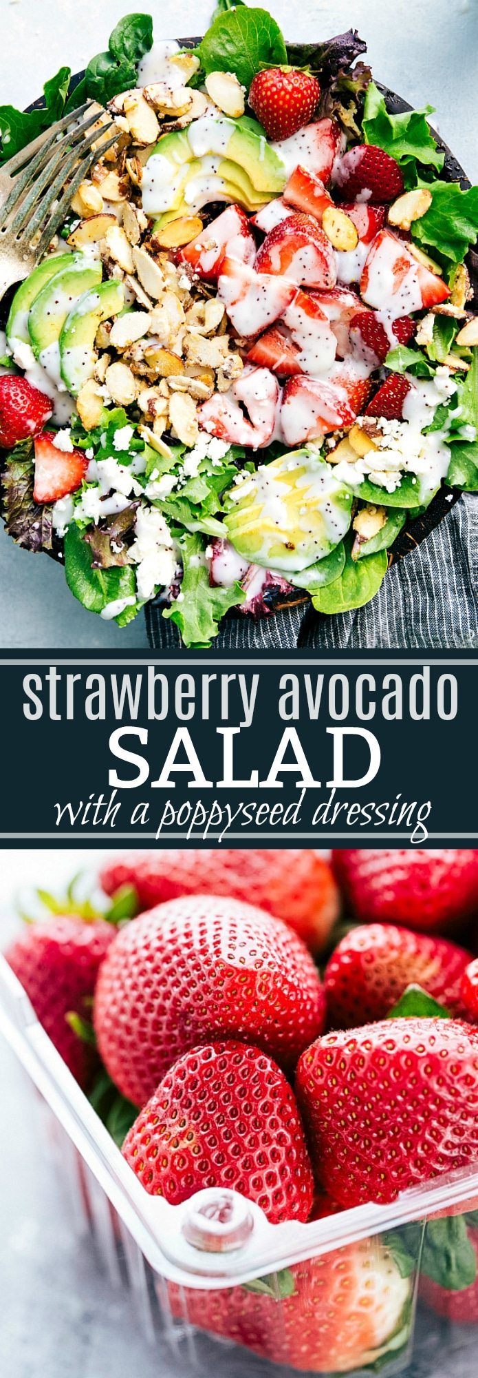 The BEST EVER strawberry and avocado salad with a creamy poppyseed dressing and delicious 2-ingredient candied almonds! chelseasmessyapron.com
