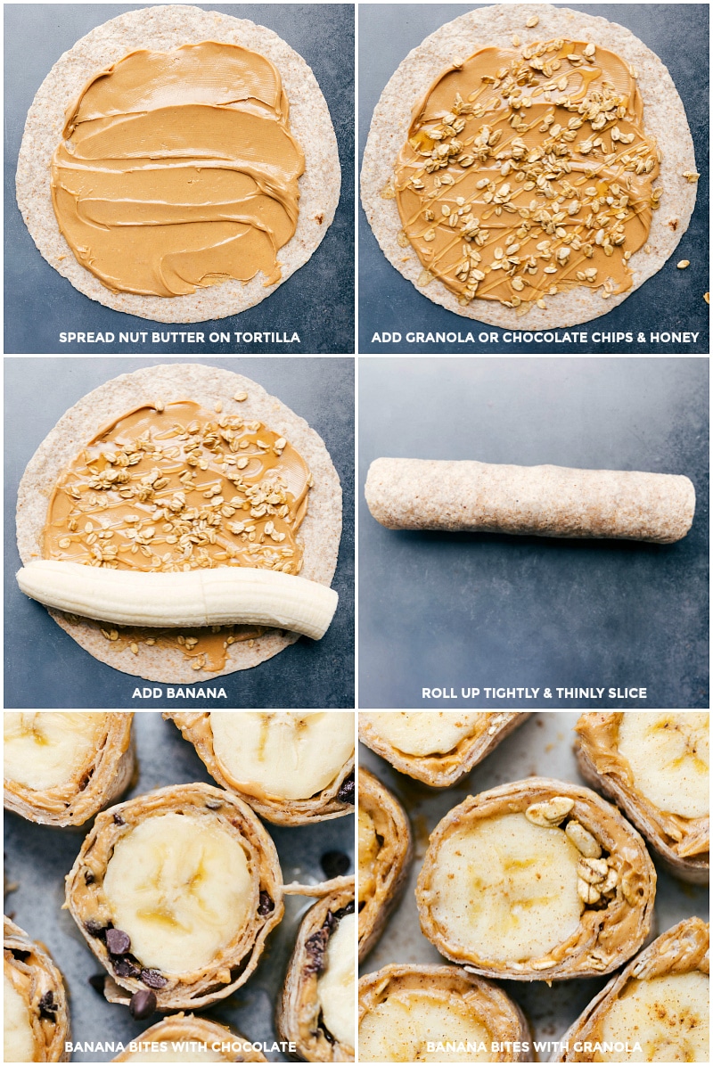 Process shots: images of the peanut butter, granola, one, and chocolate chips being spread over a tortilla, then a banana being added, and it all being rolled together and cut into segments