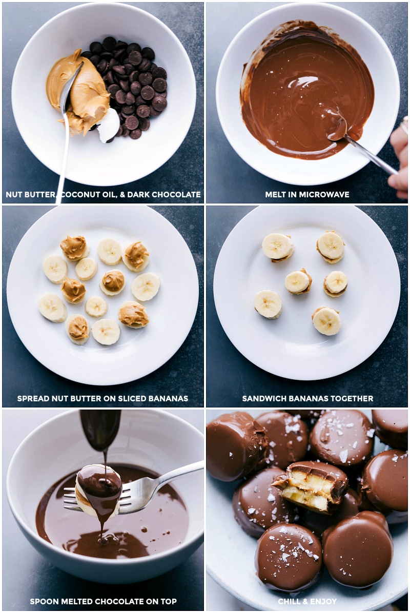 Process shots: melting chocolate, spreading peanut butter over bananas, and finally dipping bananas in chocolate