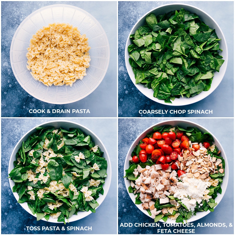 Process shots-- images of the bowtie pasta being cooked and drained, the spinach being chopped, and the chicken, tomatoes, almonds, and feta cheese being added