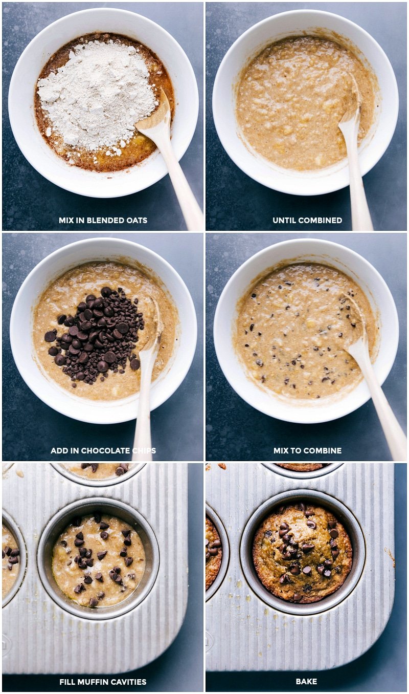 Adding oats and chocolate chips to the bowl, stirring everything to combine, and filling muffin tins with the delicious gluten free banana muffin batter.