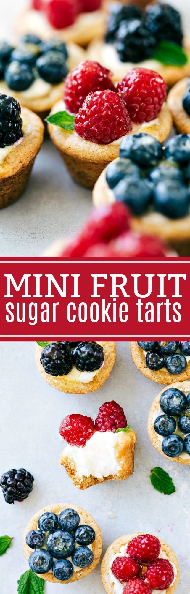 The ultimate BEST EVER miniature sugar cookie tarts with cream cheese filling and glazed fruit topping! via chelseasmessyapron.com