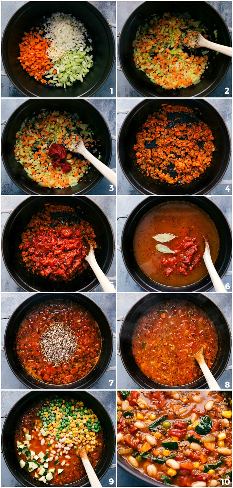 A pot full of veggies cooking, other ingredients being mixed in, and the final ready-to-eat minestrone soup.