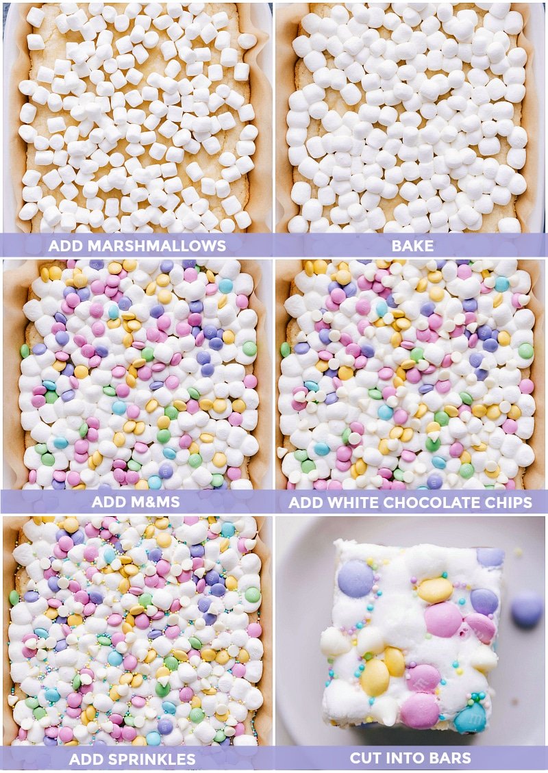 The addition of marshmallows, M&M's, and white chocolate chips to create confetti bars.