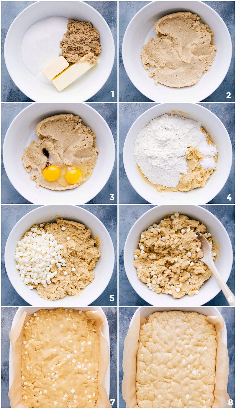 Adding and mixing dry and wet ingredients for the dough base, then pressing it into a pan and baking.