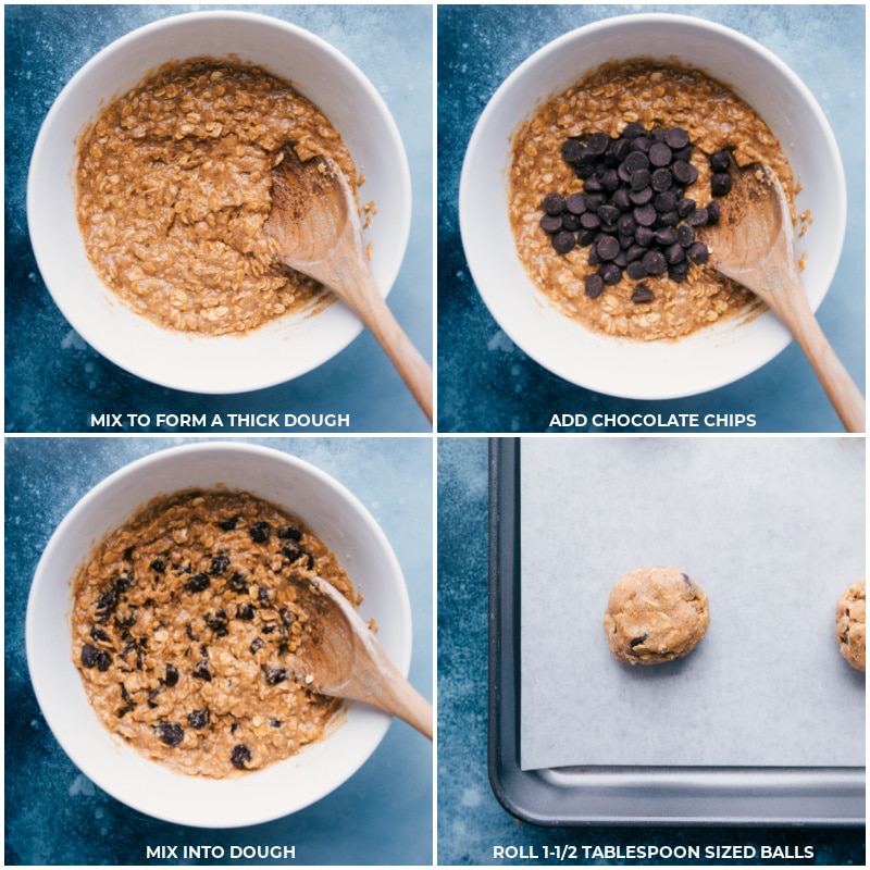 Process shots-- mixing the dough; adding chocolate chips; mixing well; rolling into cookie balls.