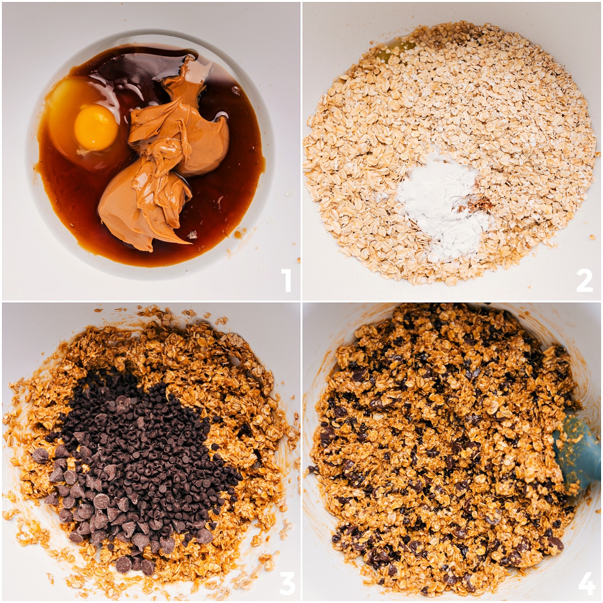 How To Make These Healthy Oatmeal Chocolate Chip Cookies Wet ingredients for Healthy Oatmeal Chocolate Chip Cookies being whisked, then dry ingredients added and mixed until combined.