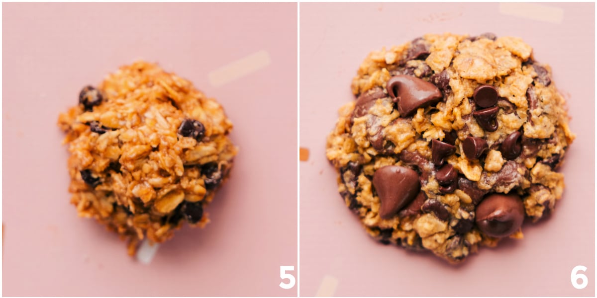 Baking Up These Healthy Oatmeal Chocolate Chip Cookies Dough rolled into balls, then baked until golden.