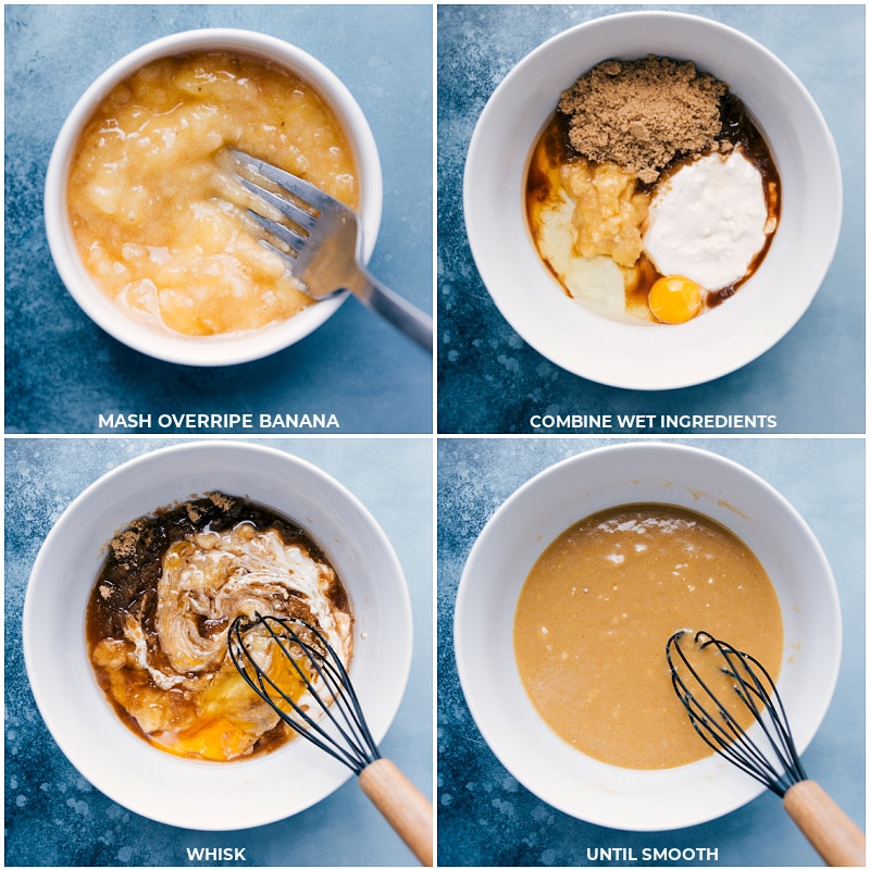 Process shots-- images of the banana being mashed; the wet ingredients being combined and mixed together