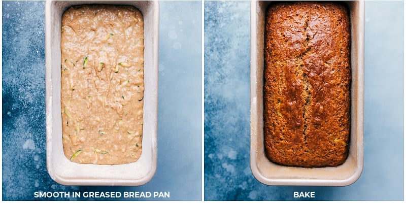 Process shots-- images of the batter being added into the prepared bread pan and then being baked