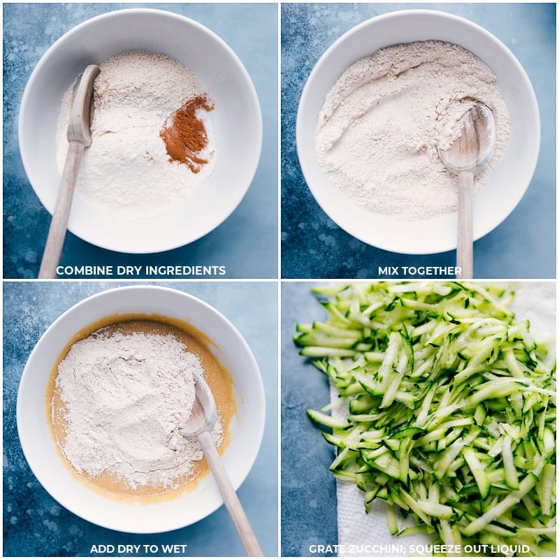 Process shots-- images of the dry ingredients being prepped and added to the wet ingredients; the zucchini being prepped