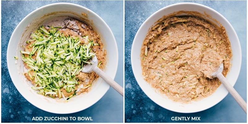 Process shots-- images of the zucchini being added to the batter