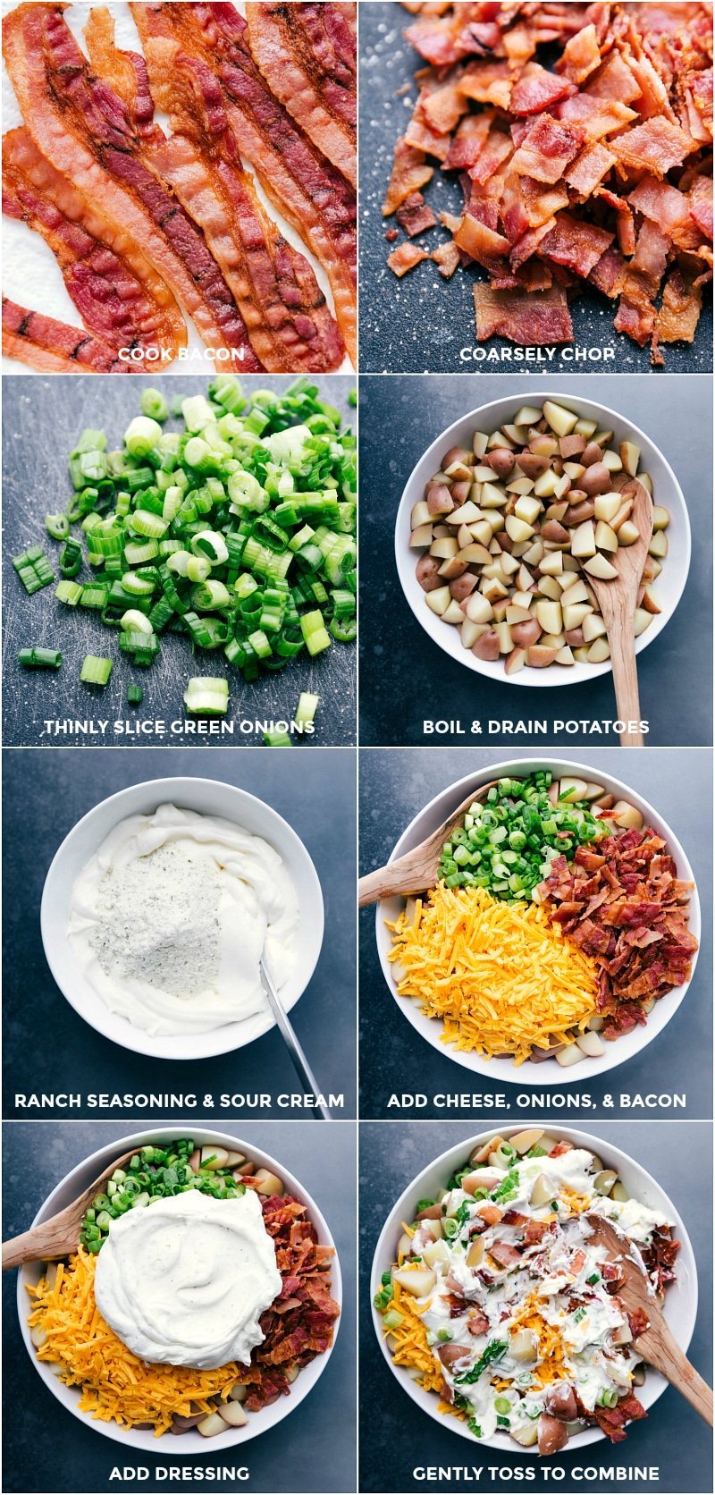 Process shots of bacon being chopped; green onions being cut; potatoes being boiled and drained; creamy sauce being made; and all the ingredients being tossed together.