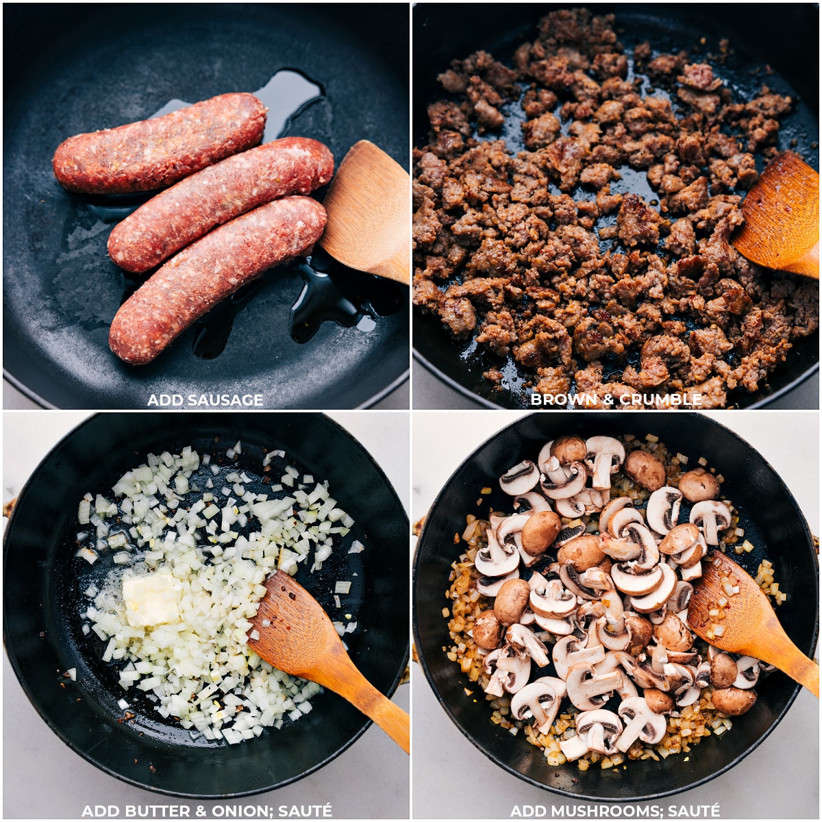 Sausage being browned, then butter, onion, and mushrooms being added to the pot for Sausage Tortellini Bake.