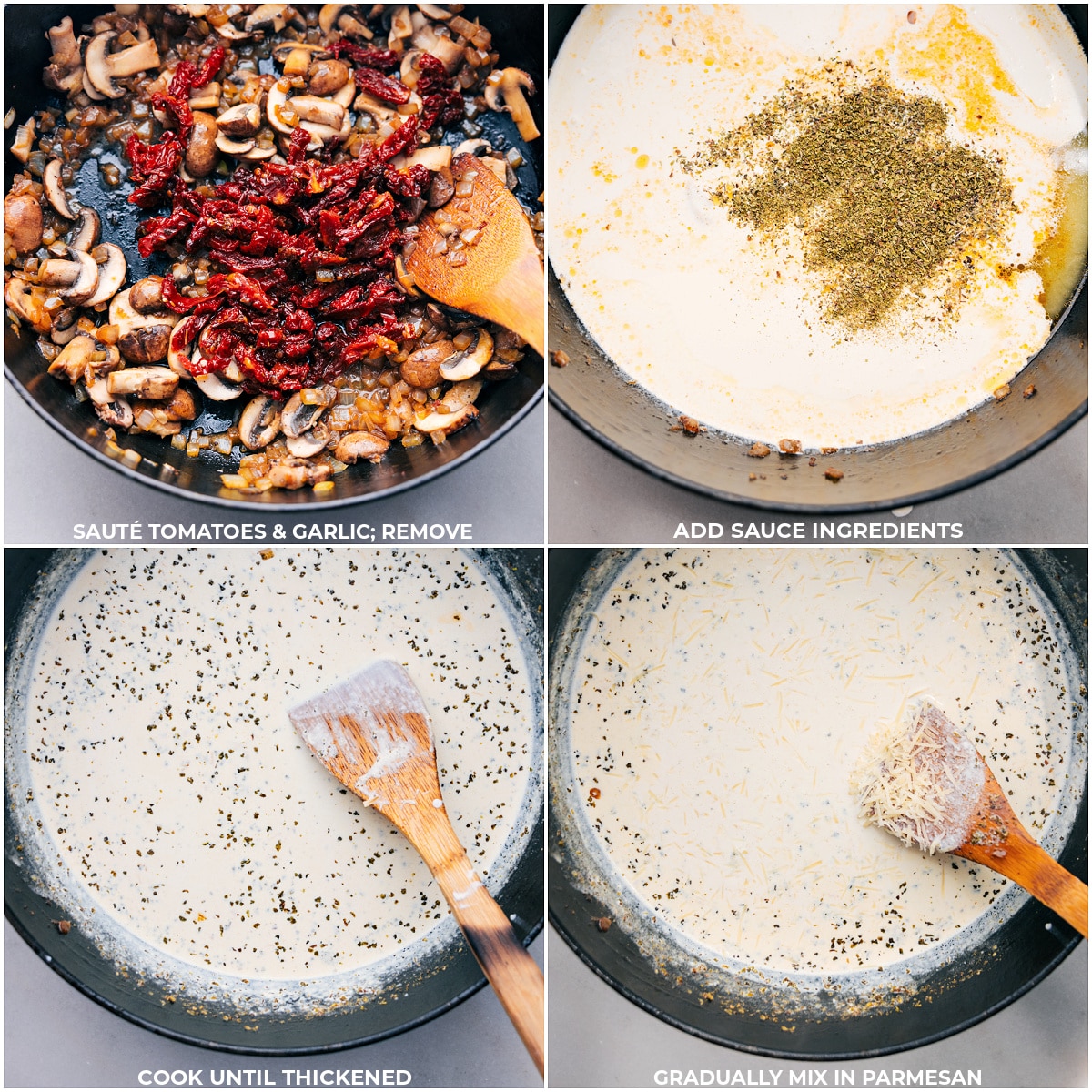 Tomatoes, garlic, and sauce ingredients being added to a pot.