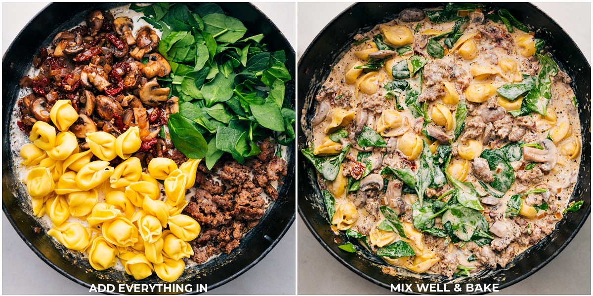 All the components being added to the pot and it all being mixed together for this Sausage Tortellini Bake.