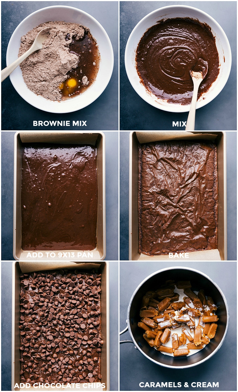 Process shots-- images of the brownie layer being baked; chocolate chips being layered; and the caramels and cream being added to a sauce pan.