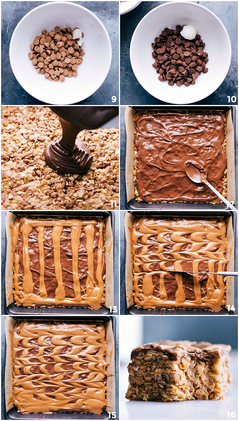 Images of the chocolate peanut butter topping being made and poured on top of the bars