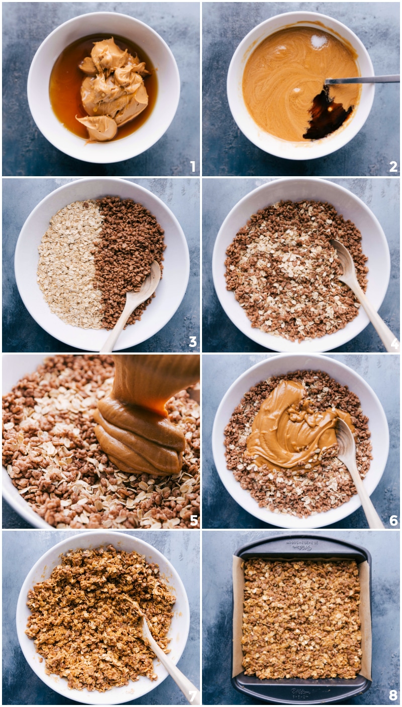 Process shots-- images of the ingredients being mixed together and poured over the cereal and put into a pan