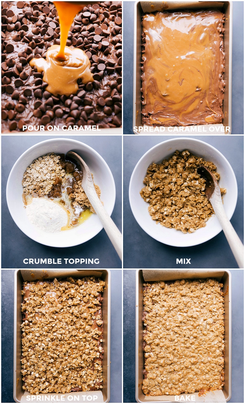 Image of the caramel layer being poured over the chocolate chip layer; the crumble topping being made; topping sprinkled on top and baked.