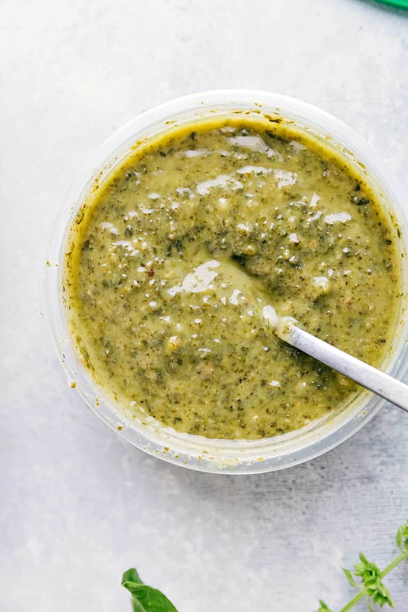 Process shot-- overhead image of the pesto that goes into this dish.