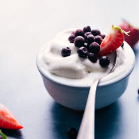 Delicious bowl of vanilla frozen yogurt with toppings.