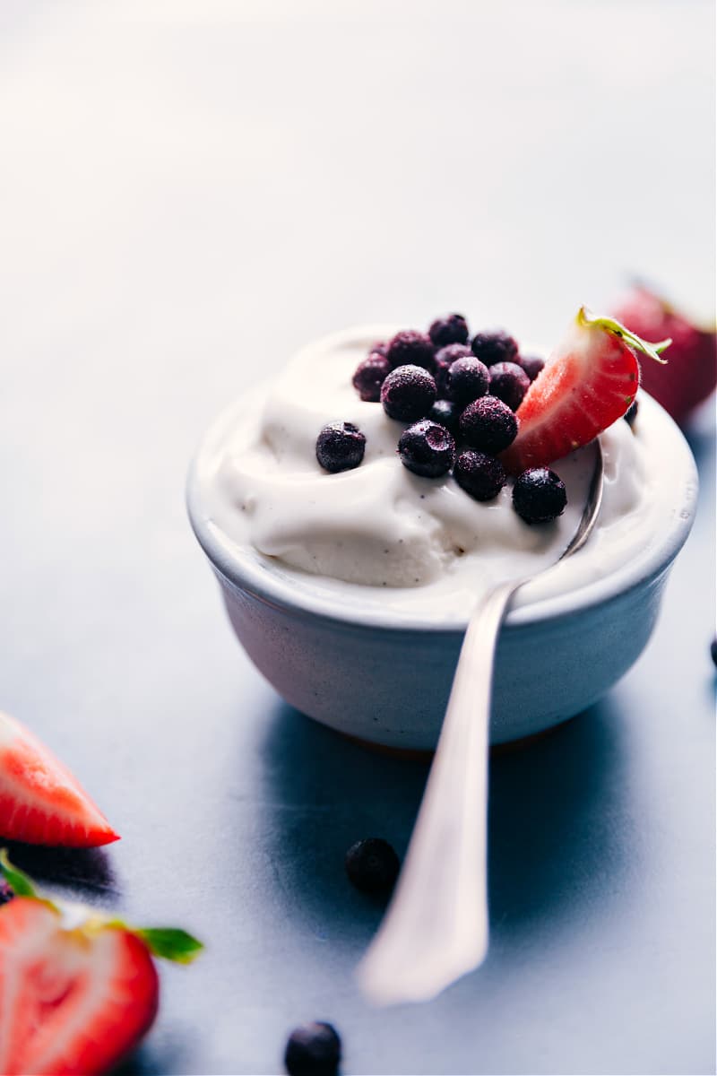 Bowl of creamy vanilla frozen yogurt with toppings