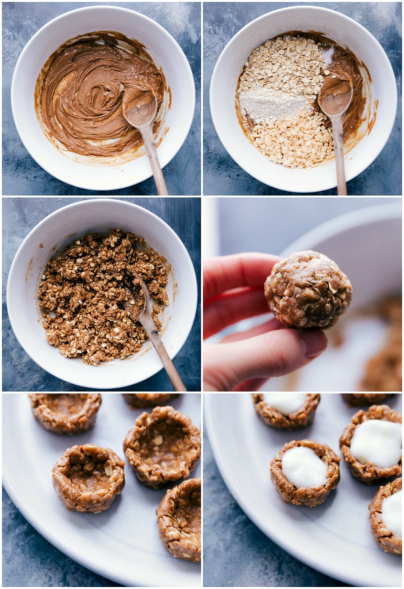 Crafting the healthy fruit tart recipe, combining ingredients, rolling into balls, and forming cups.