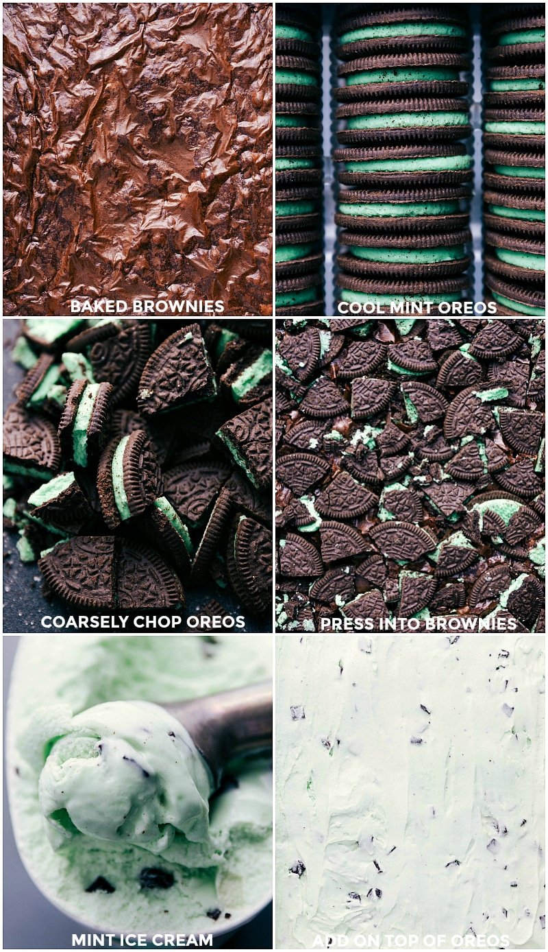 Freshly baked brownies, various stages of oreo integration, and ice cream layering.