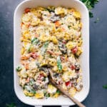 The finished creamy casserole with tortellini fresh out of the oven, ready to be enjoyed as a savory and delicious meal.