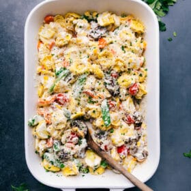 The finished creamy casserole with tortellini fresh out of the oven, ready to be enjoyed as a savory and delicious meal.