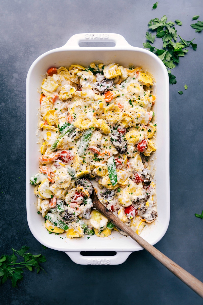 The finished creamy casserole with tortellini fresh out of the oven, ready to be enjoyed as a savory and delicious meal.