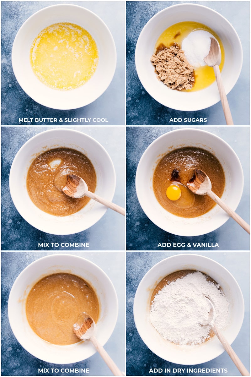 Process shots-- images of the wet and dry ingredients being prepped and mixed together.