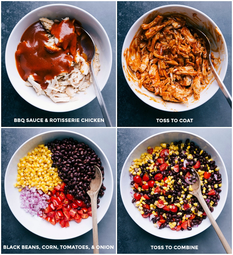 Process shots: mix BBQ sauce and rotisserie chicken; assemble black beans, corn, tomatoes and onions; toss to combine.