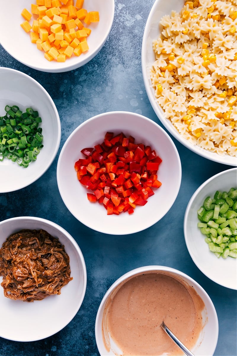 Ingredients prepped out for this recipe prepped out for easy assembly including the cheese, pasta, peppers, green onions, celery, pork, and sauce.