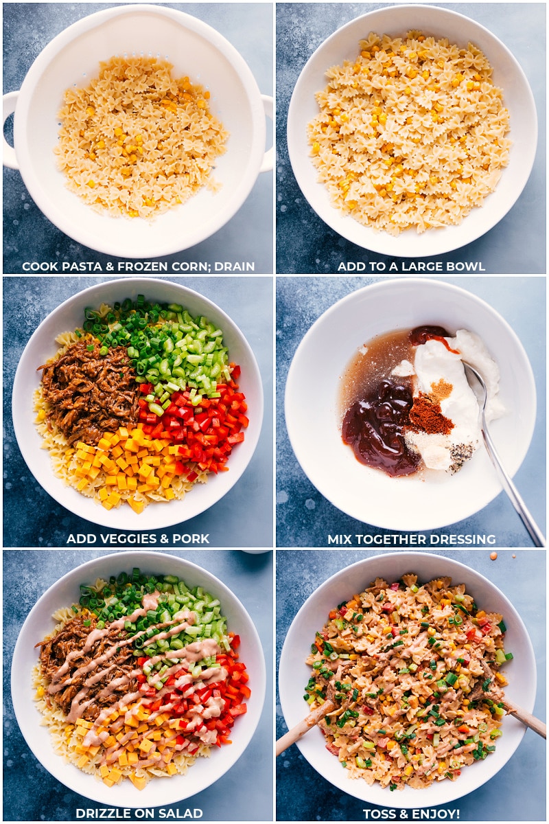 Pasta is cooked and tossed with frozen corn, then combined with the rest of the salad ingredients in a large bowl. The sauce is whisked separately and drizzled over the salad to finish this BBQ pasta salad.