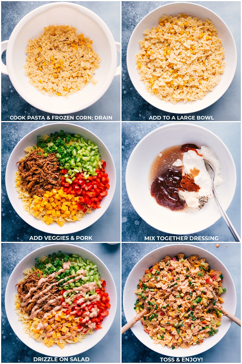 Process shots-- images of all the ingredients being layered into a bowl and the dressing being made and drizzled over the salad.