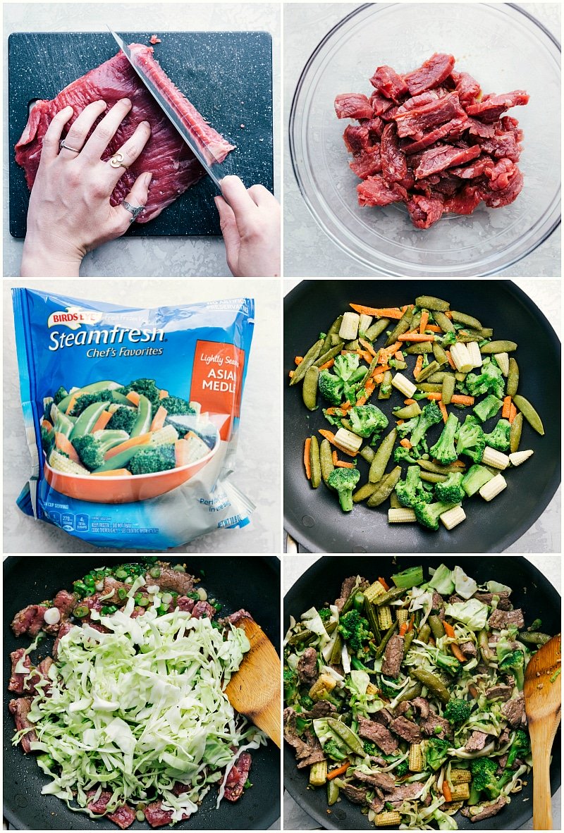 Process shot collage of making Beef Chow Mein: flank steak thinly sliced; frozen veggies; cabbage; and beef added