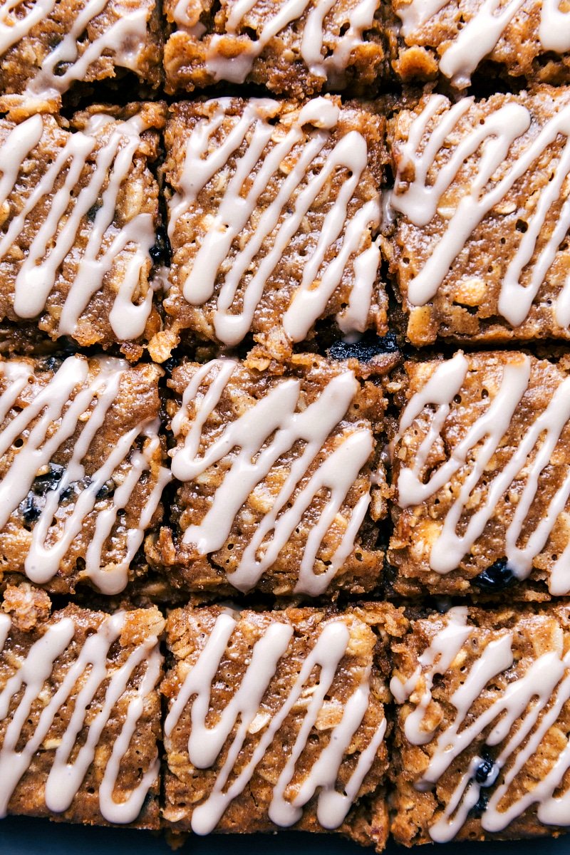 Overhead image of the blueberry oatmeal bars with glaze on top