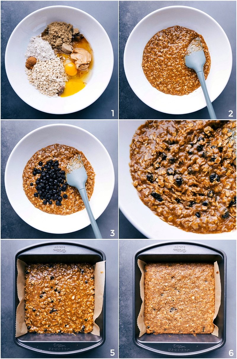 Process shots-- images of all the ingredients being added to a bowl, mixed together, the blueberries being added, and then it being poured into a prepared pan and baked