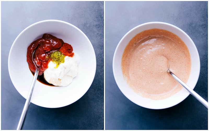 Process shots-- images of the ingredients before and after mixing in a bowl.