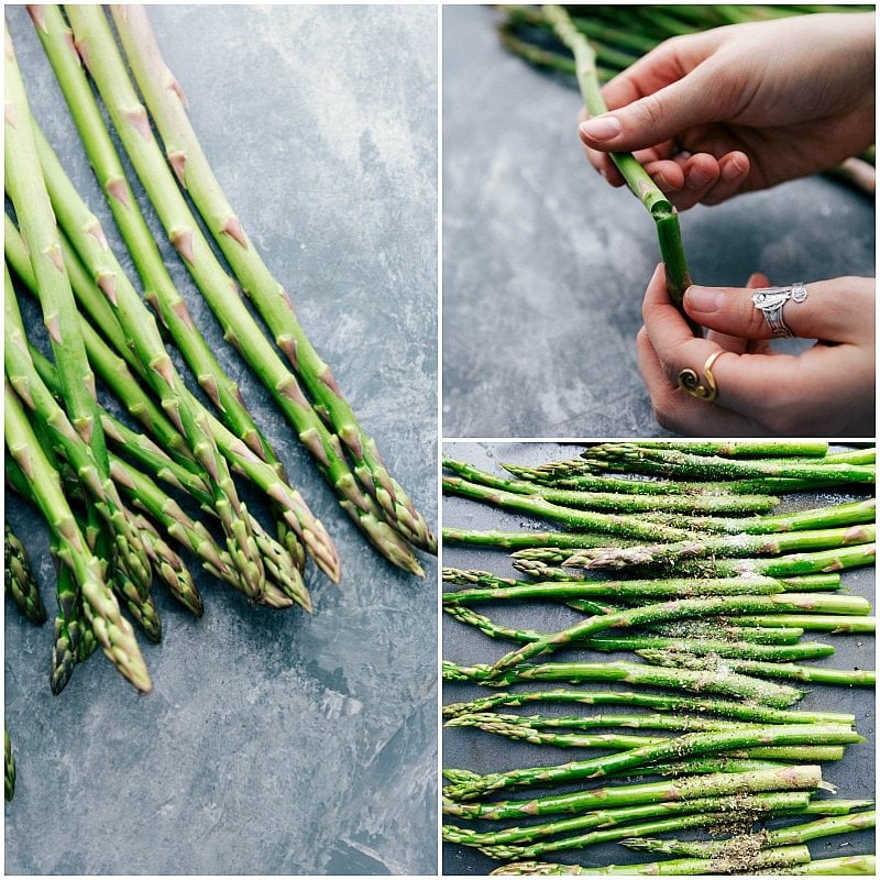 Asparagus spears with woody stems removed and seasoned, ready for roasting.