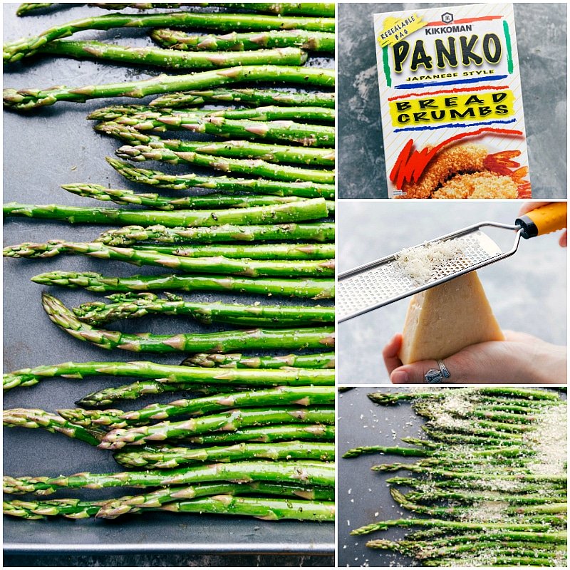 Cleaning and trimming asparagus stems, alongside panko breadcrumbs and grated parmesan cheese, essential for the roasted asparagus recipe.