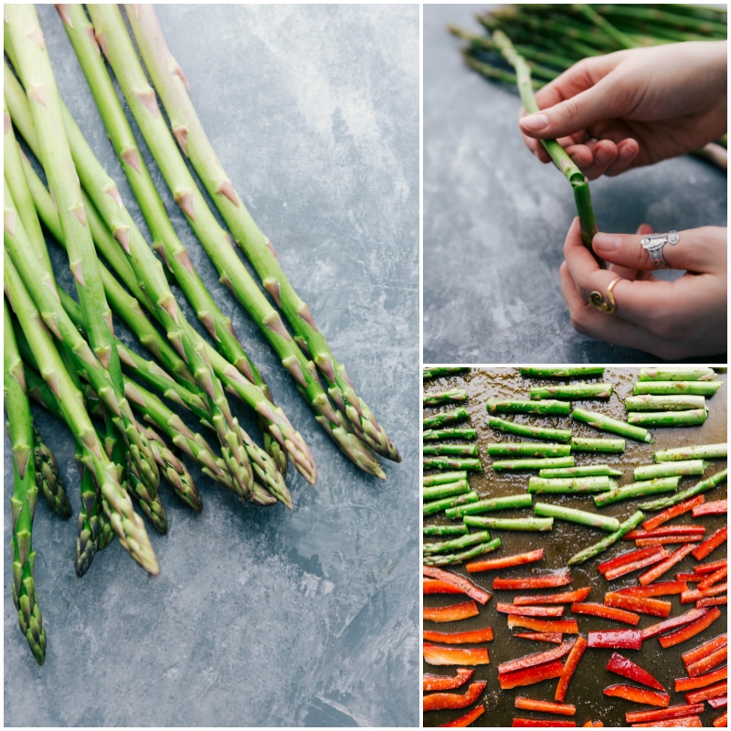 Process shot of veggies being cooked -- asparagus and red pepper