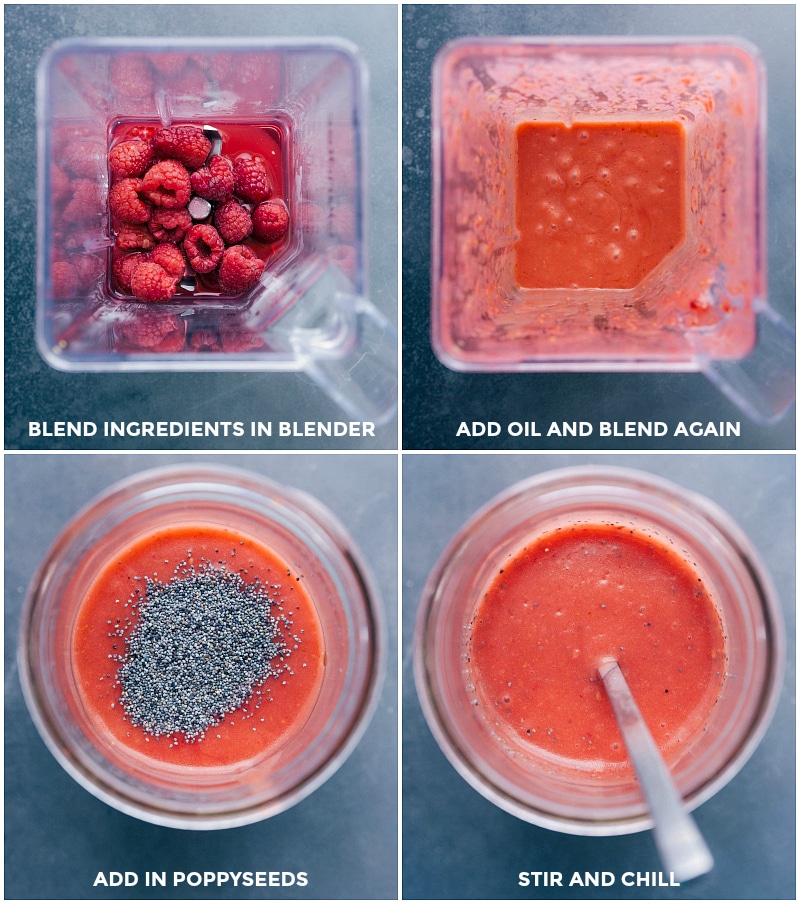 Process shots-- images of the dressing being blended and poured into a mason jar.