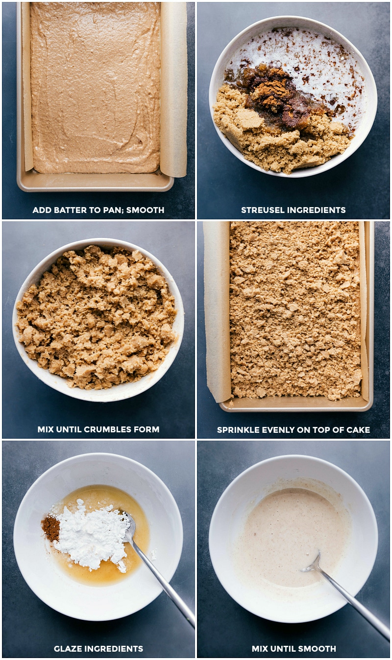 Batter in a pan, with crumble topping being made and added on top, and the glaze being prepared.