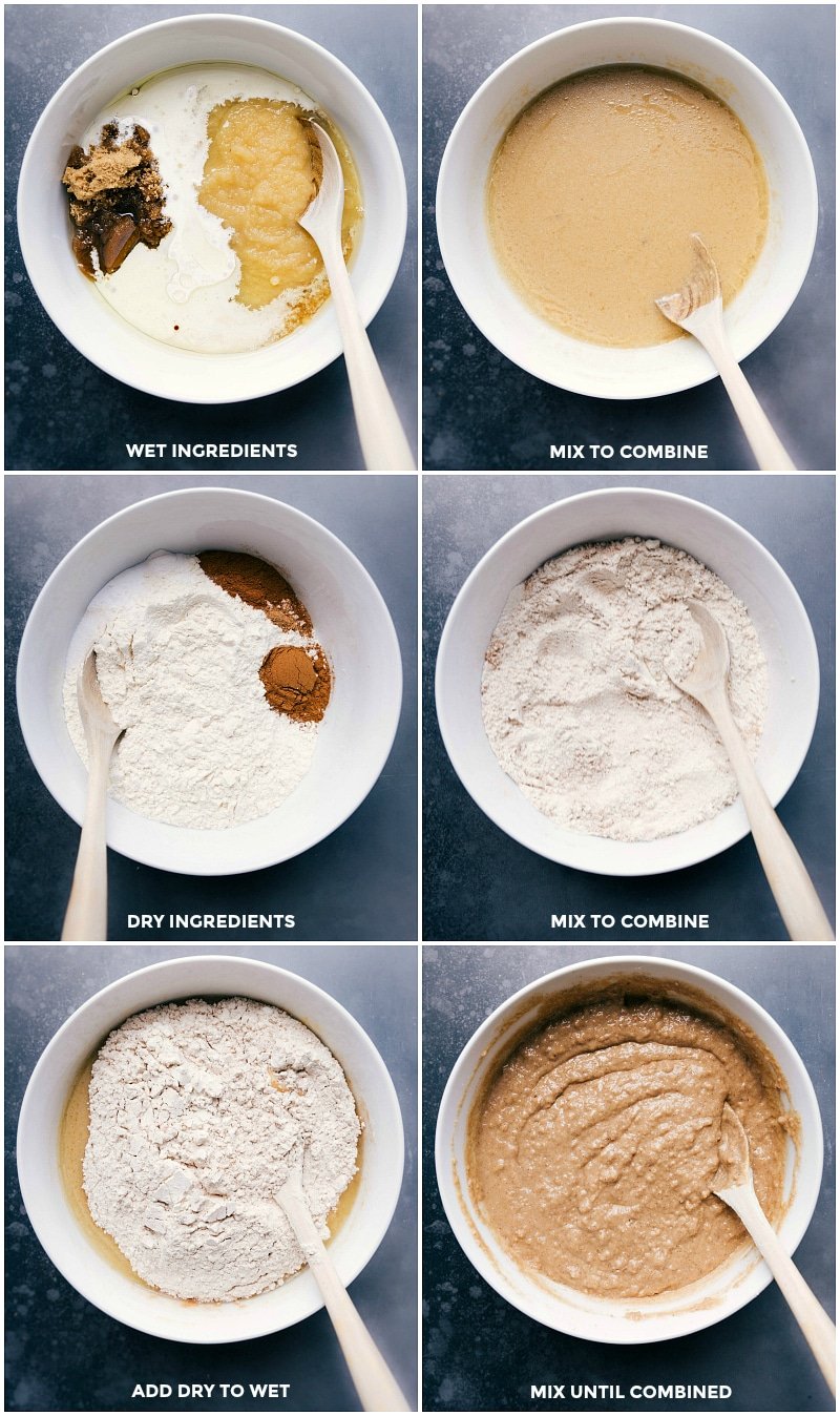 Prepping wet and dry ingredients, then mixing together until the batter is smooth.